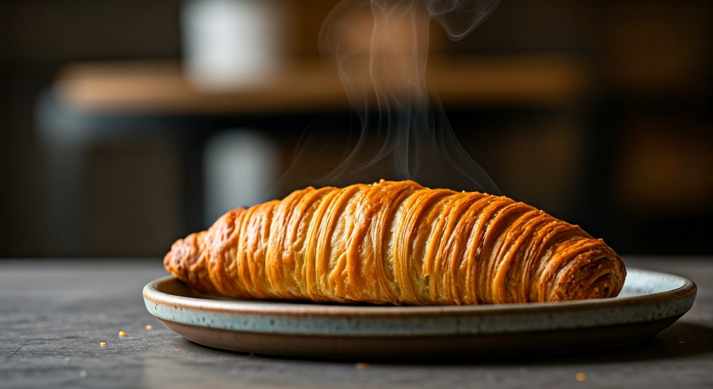 Hotové bezlepkové listové pečivo Čerstvě upečený bezlepkový croissant s viditelnými křehkými vrstvami na keramickém talíři