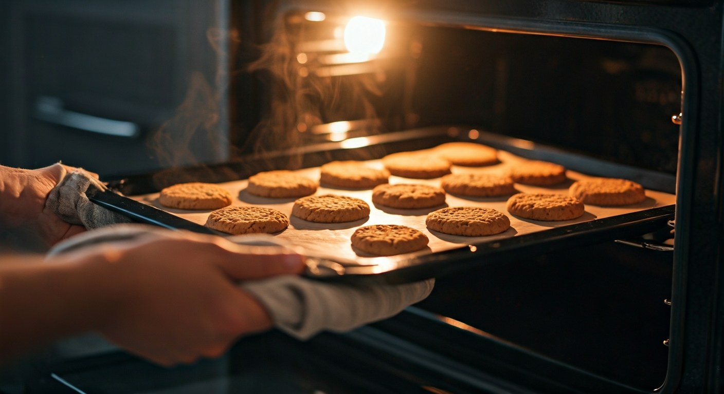 Ruce v pekáči s bezlepkovými cookies vkládají plech do trouby, stoupá pára