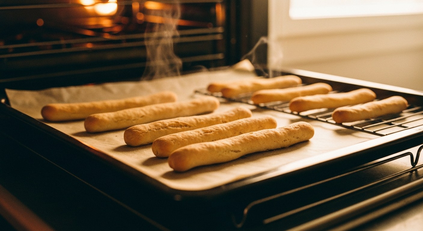 Čerstvě upečené bezlepkové tyčinky na plechu s mřížkou na chlazení