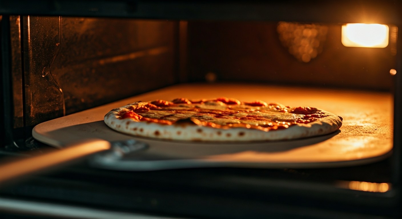 Pizza vkládaná na rozpalený kámen v troubě pomocí ocelové lopaty