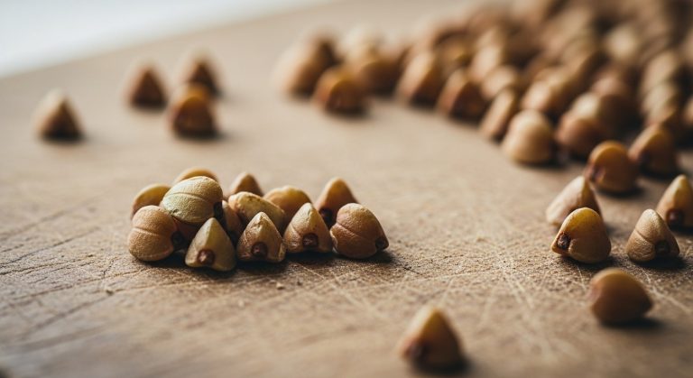 Detailní záběr syrových pohankových krup na dřevěném prkénku s přirozenou texturou