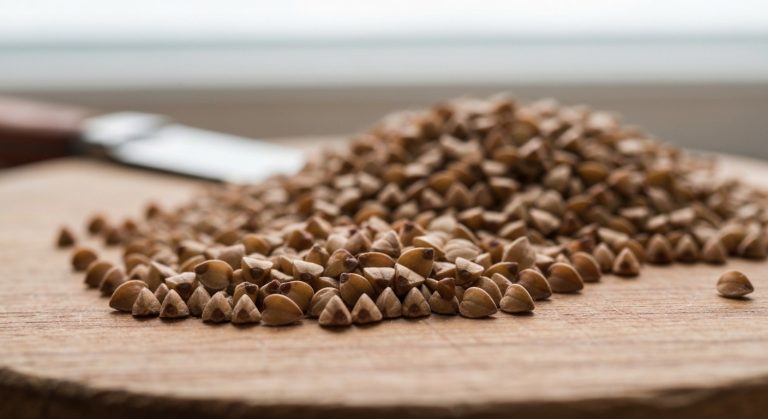 Detailní záběr syrové pohankové krupice na dřevěném prkénku s přirozenou texturou zrn