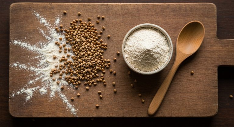 Pohanková mouka v keramické misce se sypanými pohankovými krupicemi na dřevěném prkénku