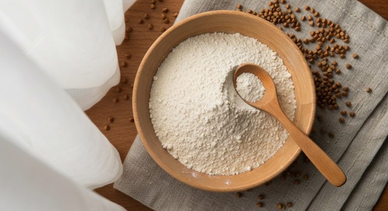 Pohanková mouka v dřevěné misce s celými zrny na lněném ubrousku