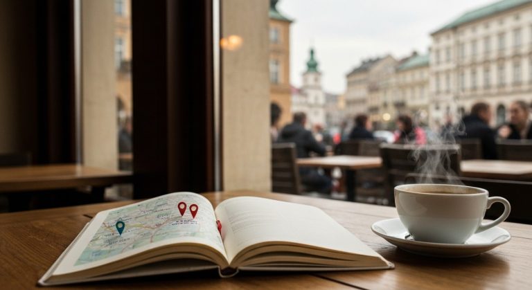 Cestovatelský deník s mapou Polska a kávou na stole v kavárně