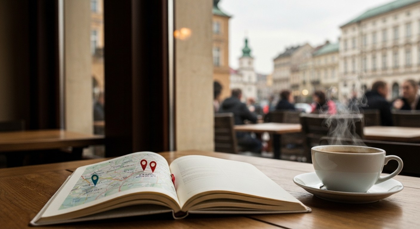 Cestovatelský deník s mapou Polska a kávou na stole v kavárně
