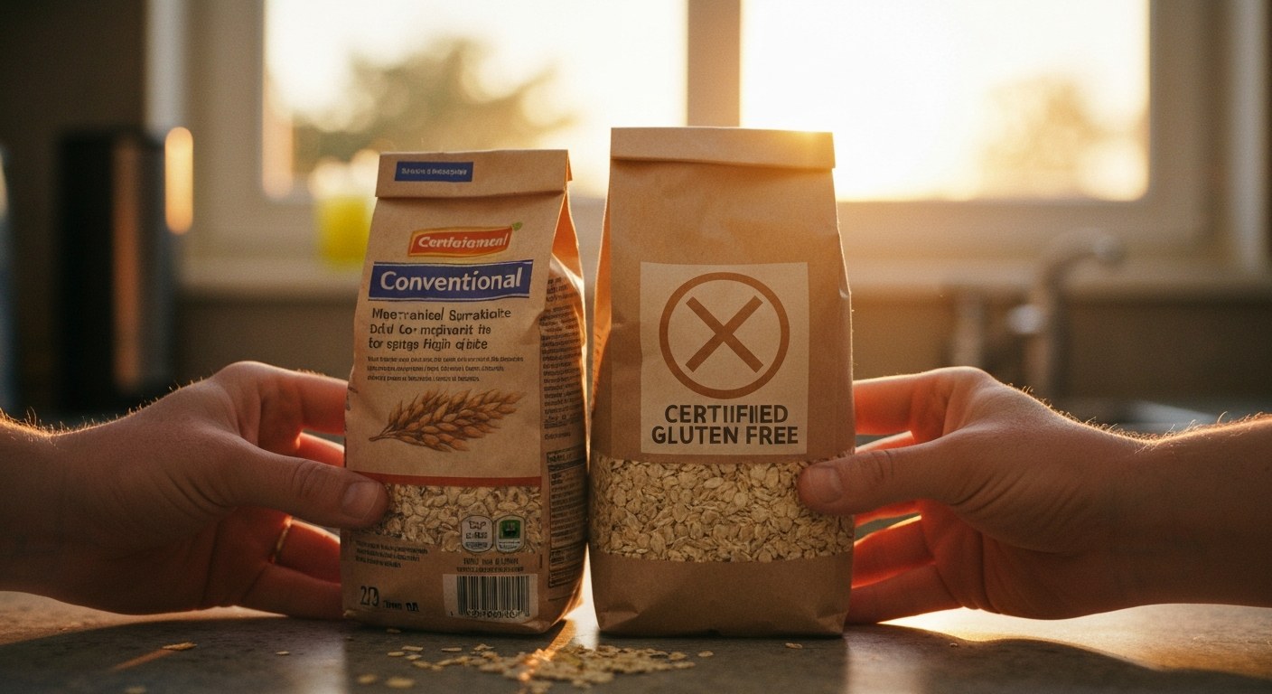 Dvě ruce porovnávají běžné a certifikované bezlepkové ovesné produkty