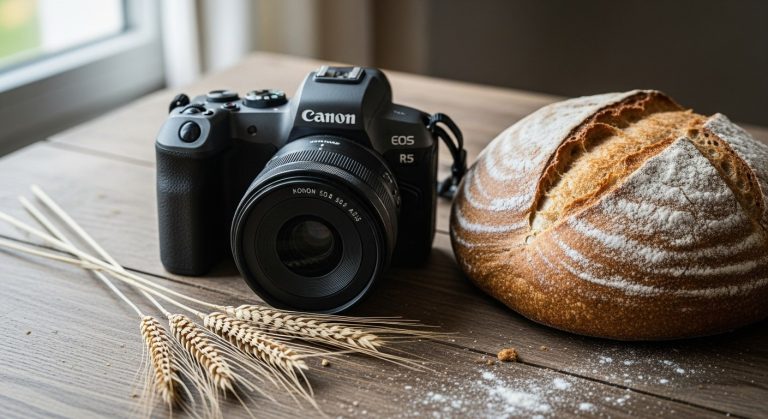 Čerstvý chléb a klasy pšenice na dřevěném stole