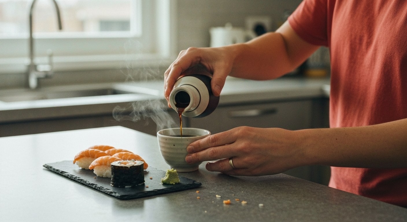 Ruce nalévají sojovou omáčku do misky vedle čerstvého sushi