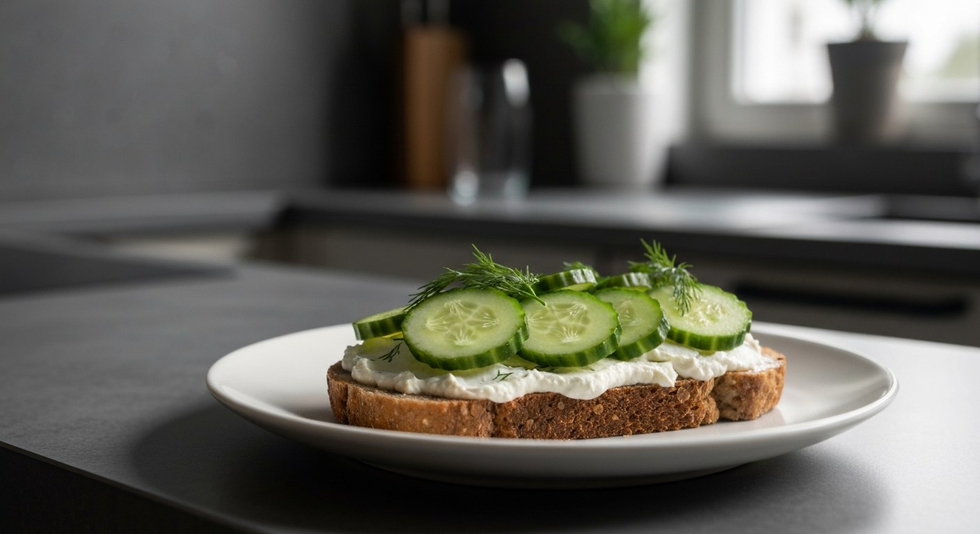 Připravený knackebrot se zdravou pomazánkou Knackebrot s pomazánkou, okurkou a koprem na bílém talíři