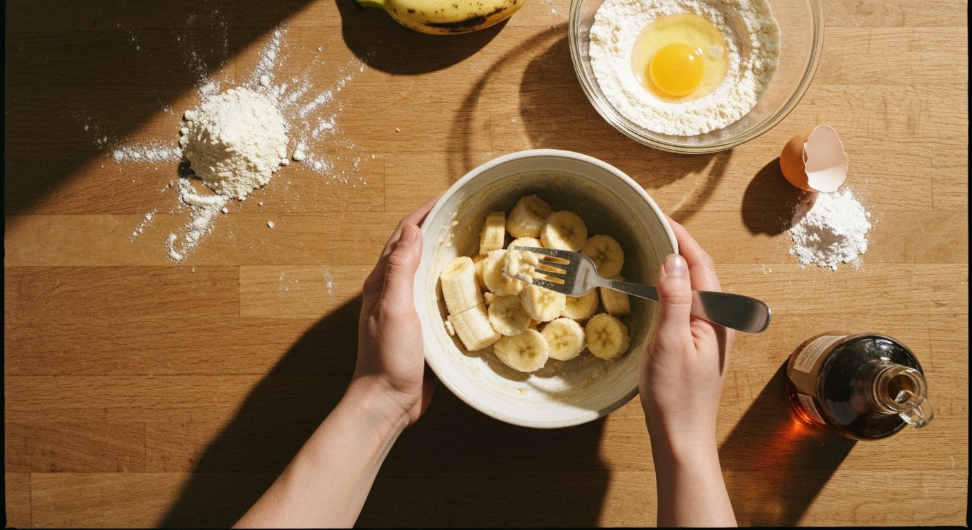 Ruce rozmačkávají zralé banány v keramické misce s ingrediencemi kolem