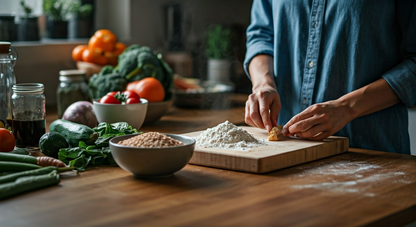 Příprava bezlepkového jídla v kuchyni s čerstvými surovinami na dřevěné lince