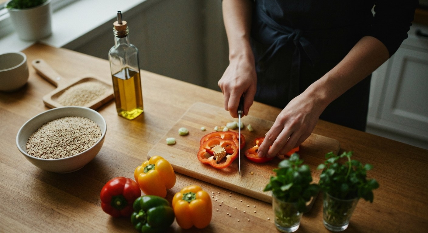 Ruce krájí zeleninu na dřevěném prkénku při přípravě bezlepkového oběda z quinoi a čerstvé zeleniny
