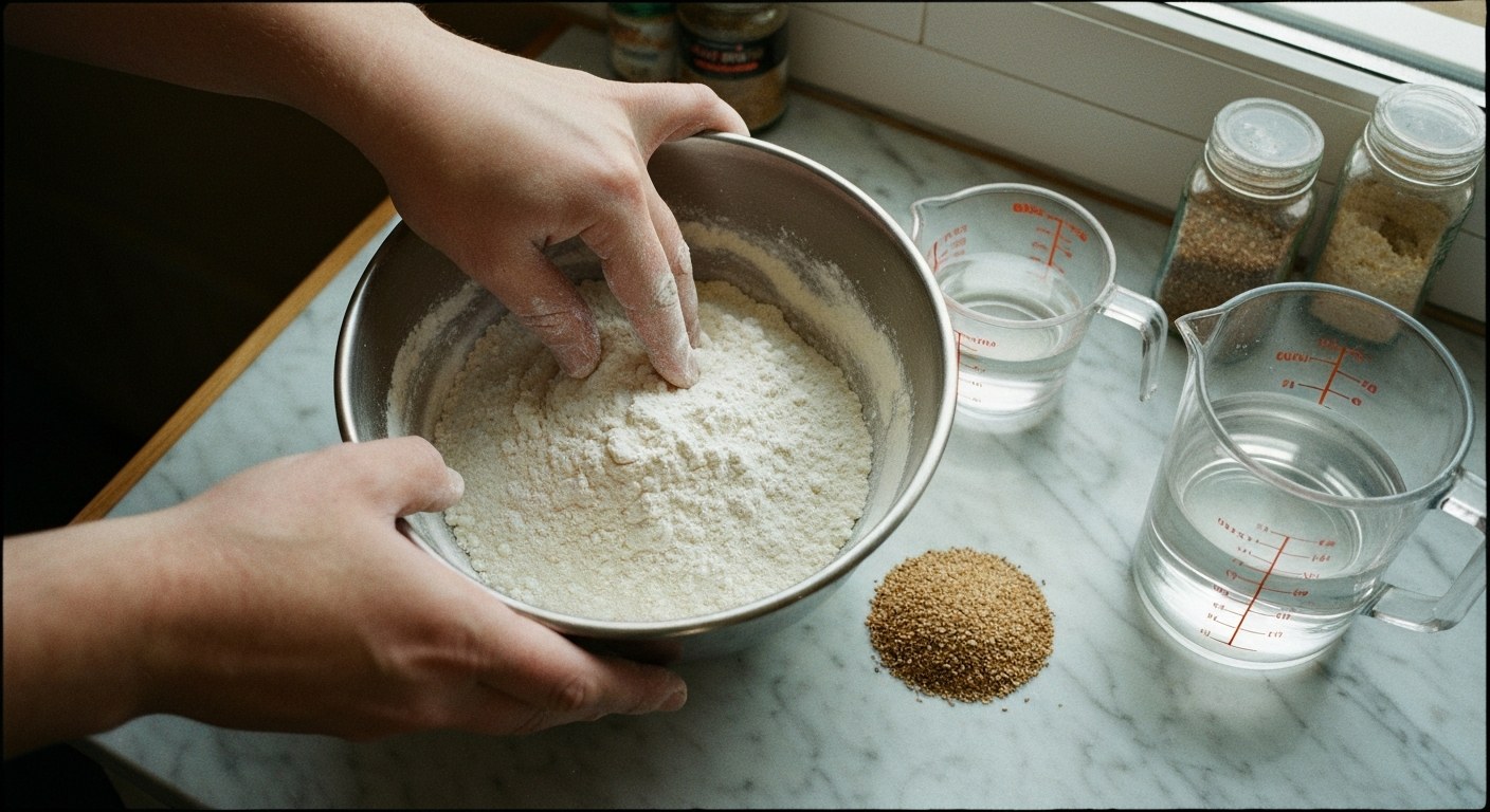 Ruce míchají bezlepkovou mouku v ocelové míse na mramorové kuchyňské lince