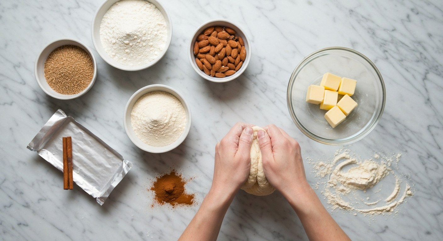 Ruce míchající bezlepkové ingredience na kuchyňské lince s moukou a skořicí