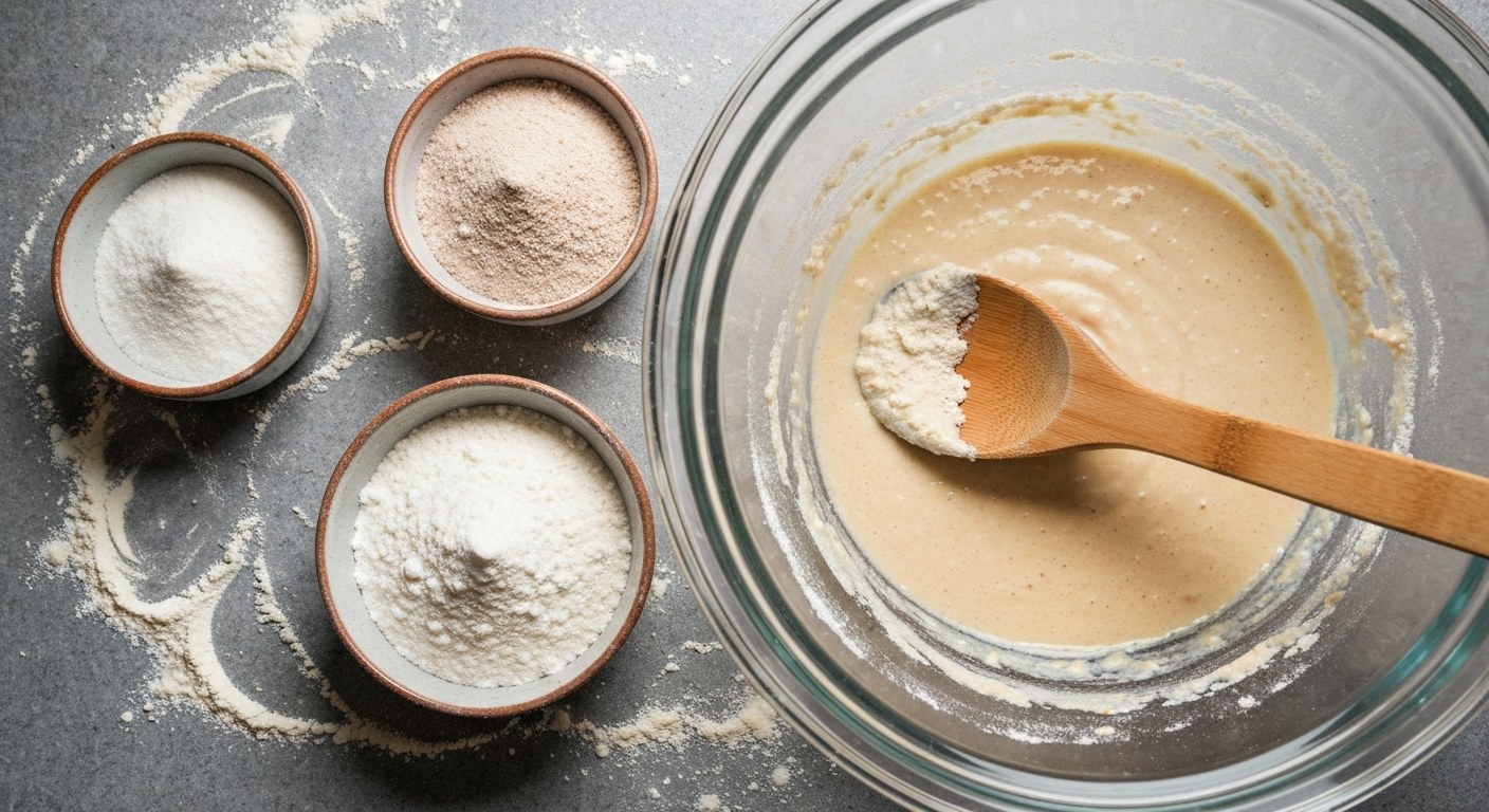 Skleněná mísa s bezlepkovými moukami a ingrediencemi na kuchyňské lince