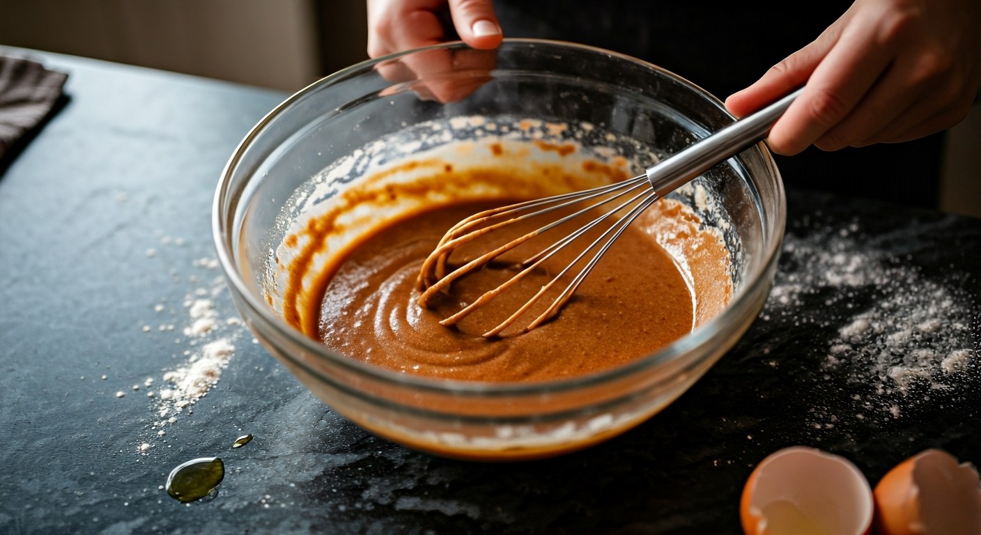 Příprava těsta na bezlepkový perník ve skleněné míse s metličkou