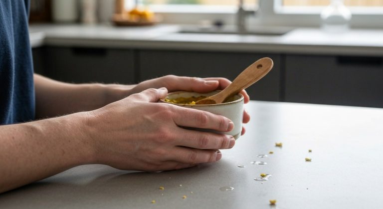 Rodičovské ruce drží misku se zeleninovým příkrmem při zavádění pevné stravy