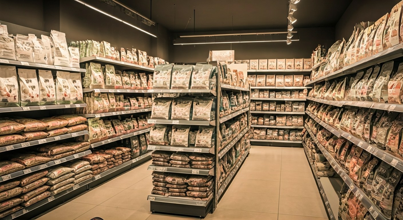 Regály specializované prodejny s hypoalergenními krmivy pro zvířata v Praze