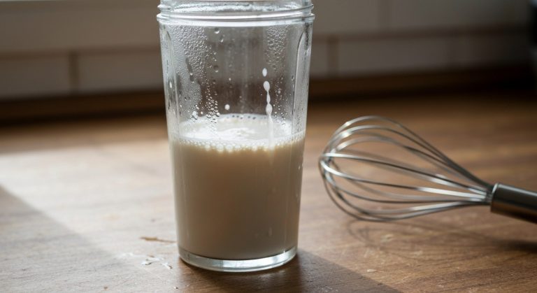 Protein bez laktozy a lepku: Jak vybrat nejlepší v 2026 18 Proteinový nápoj ve skleněném šejkru na dřevěné kuchyňské lince