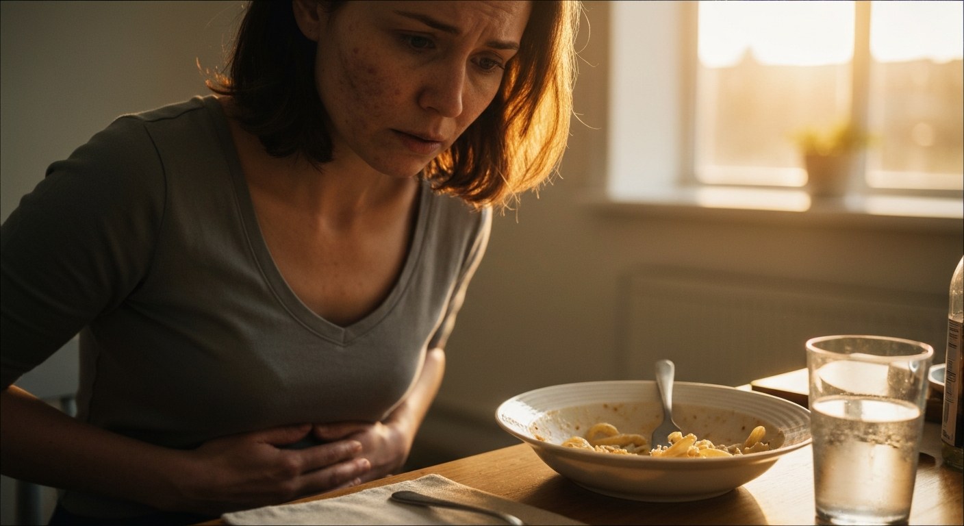 Žena s trávicími potížemi u stolu s miskou těstovin
