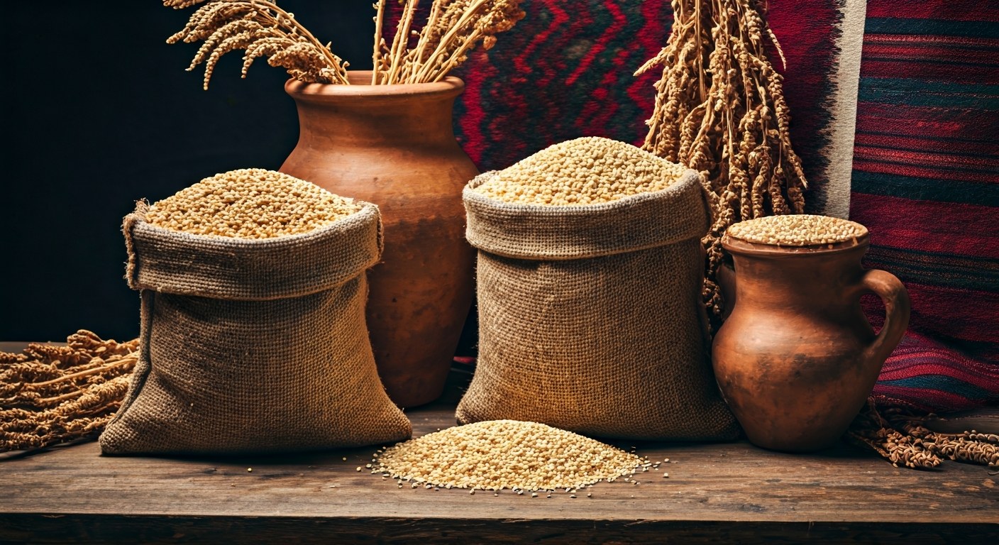 Tradiční andská quinoa v pytlích se sušenými rostlinami