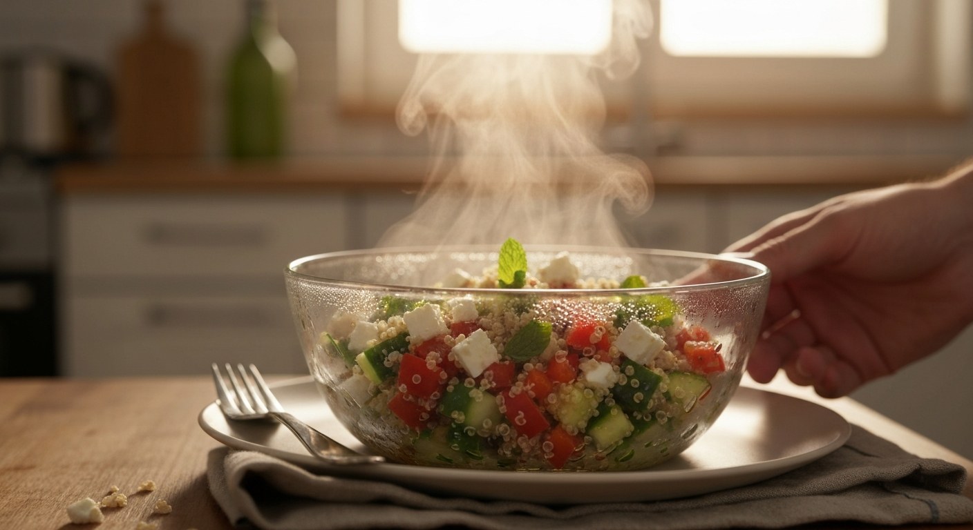Barevný quinoa salát se zeleninou a sýrem ve skleněné míse