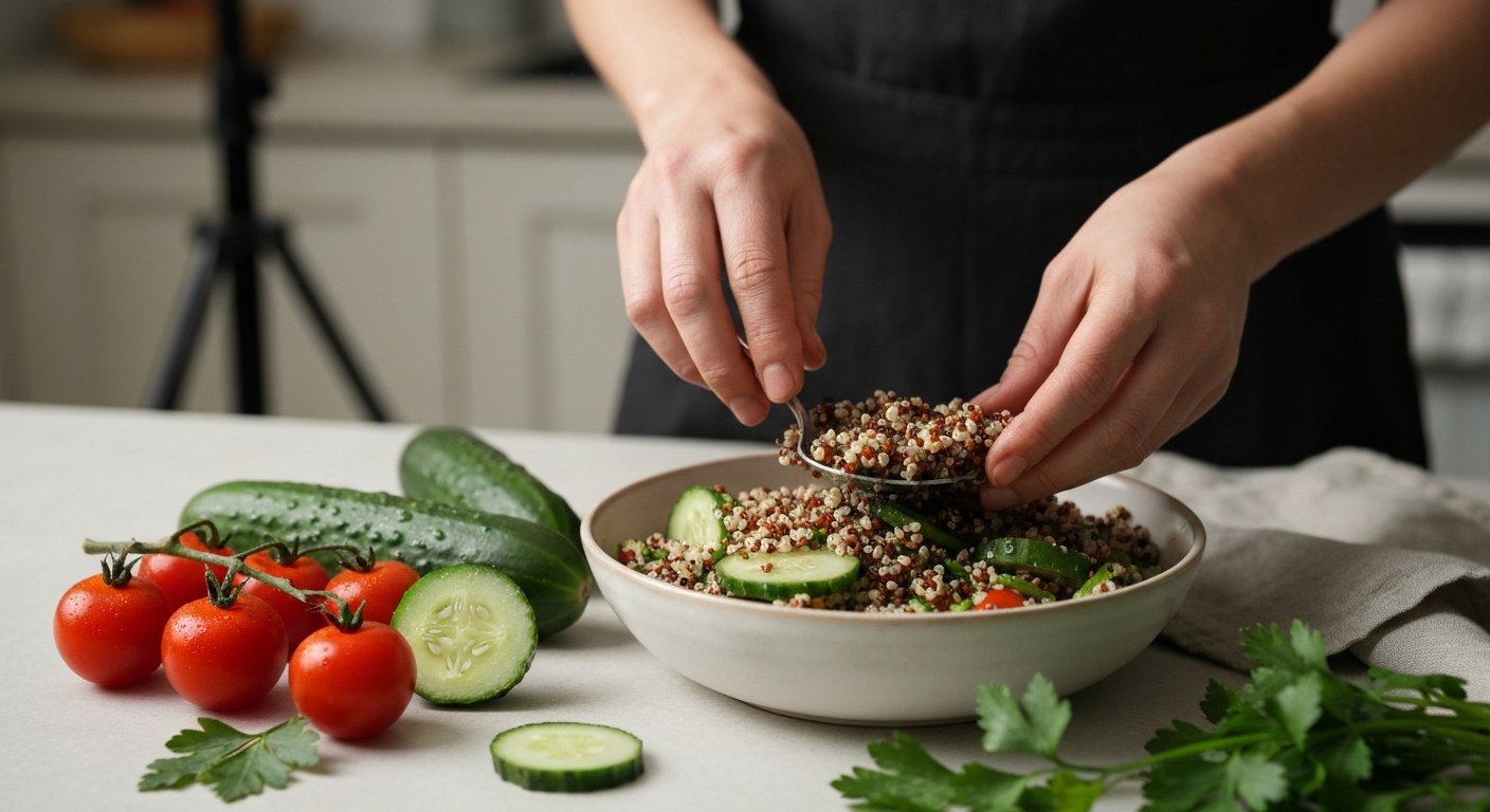 Příprava bezlepkového oběda Ruce připravující quinoa salát s čerstvou zeleninou v kuchyni