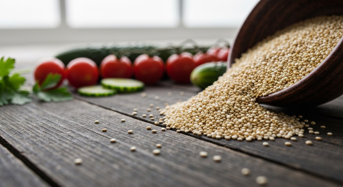 Surová quinoa v keramické misce na dřevěném stole s čerstvou zeleninou