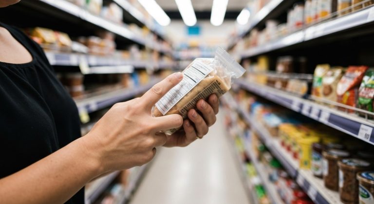 Ženské ruce drží balenou potravinu a čtou složení v supermarketu