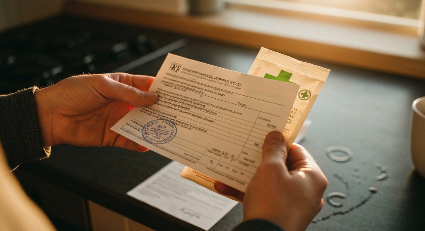 Ruce držící recept na bezlepkové potraviny s razítkem pojišťovny