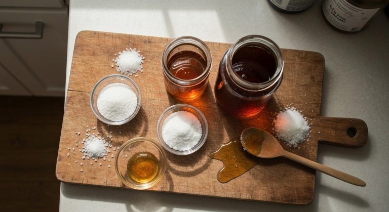 Přírodní sladidla ve skleněných miskách na dřevěném prkénku