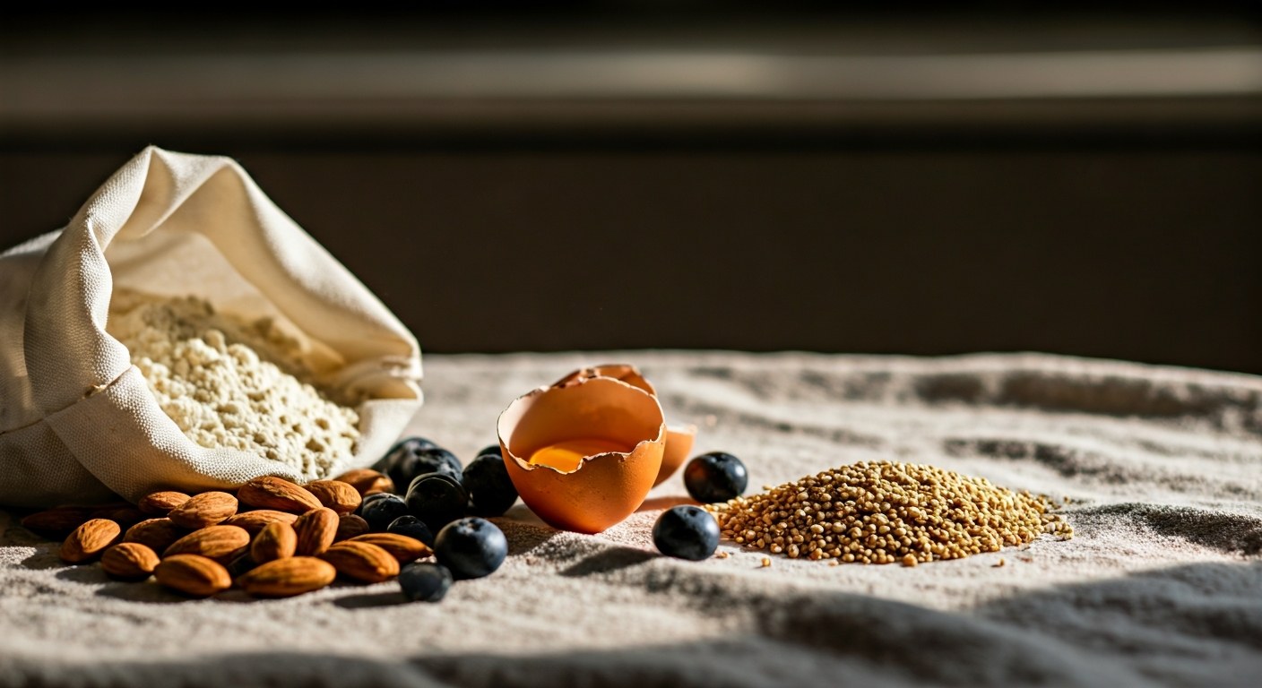 Čerstvé bezlepkové suroviny jako mandle, kokosová mouka a borůvky