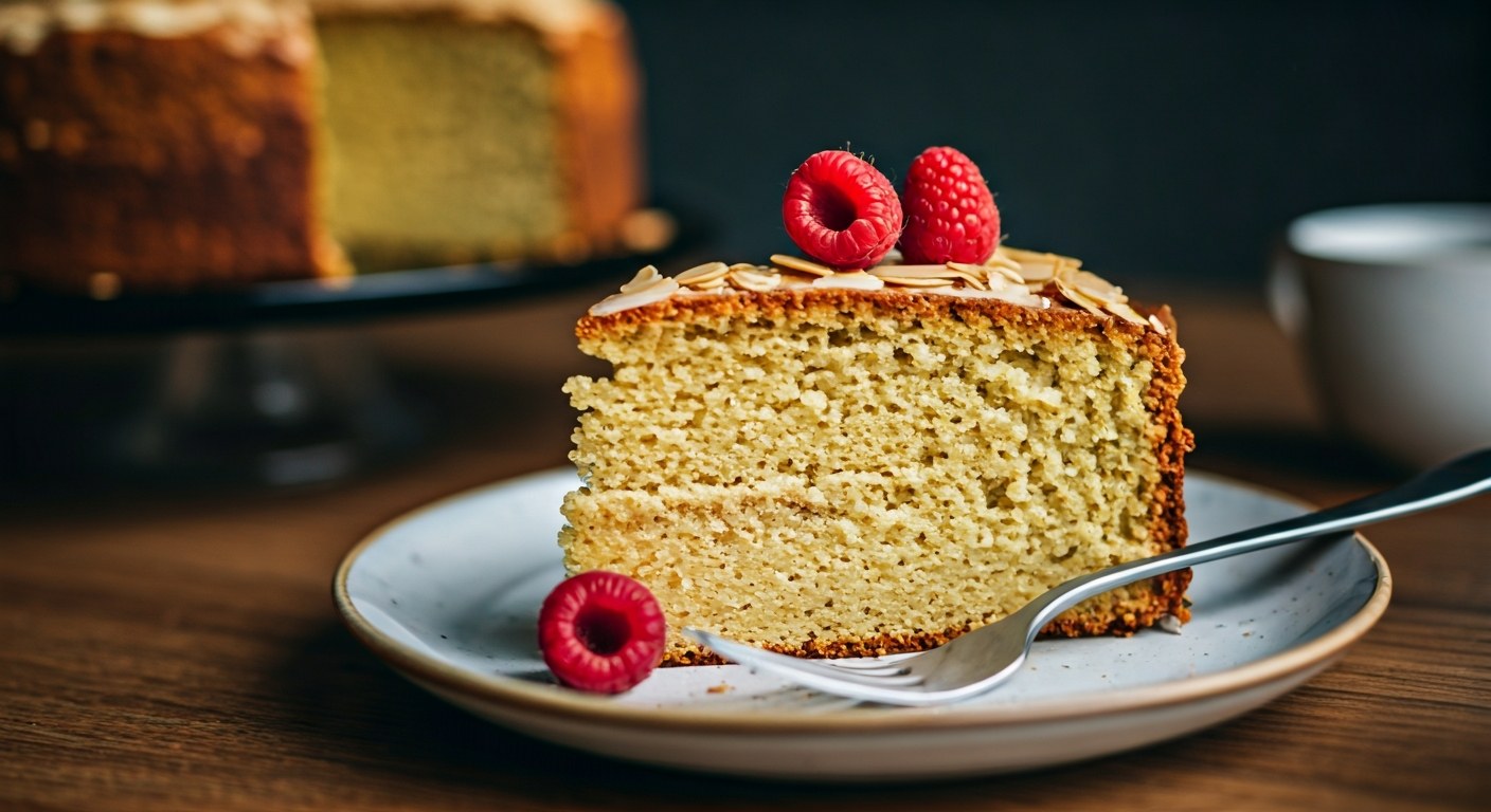 Řez mandlového dortu s malinou na keramickém talíři