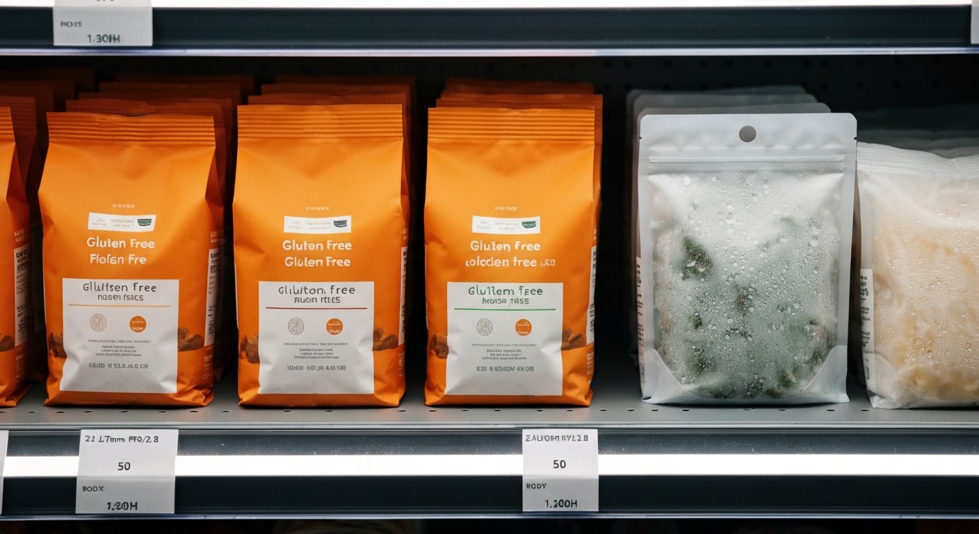 Regál s bezlepkovými produkty K-free Uspořádaný regál s oranžovo-bílými obaly bezlepkových produktů K-free