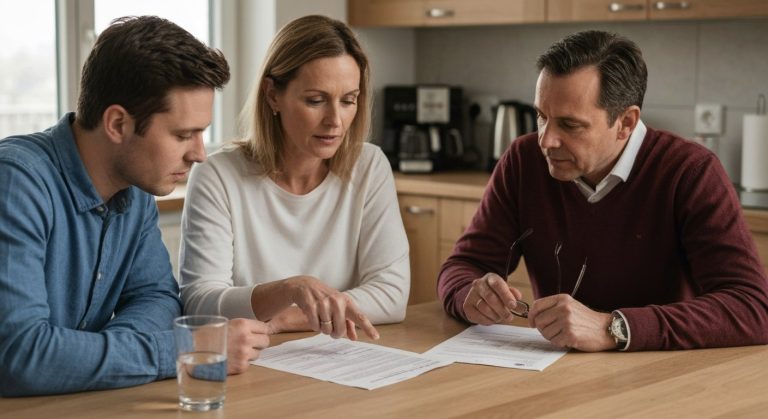 Rodina u kuchyňského stolu prohlíží lékařské dokumenty o genetickém vyšetření