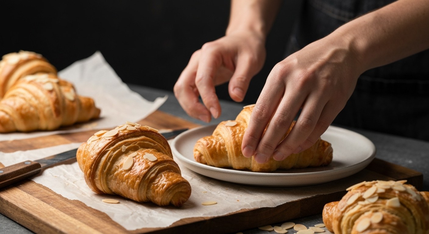 Detail rukou aranžujících čerstvé bezlepkové croissanty na pečicím papíru