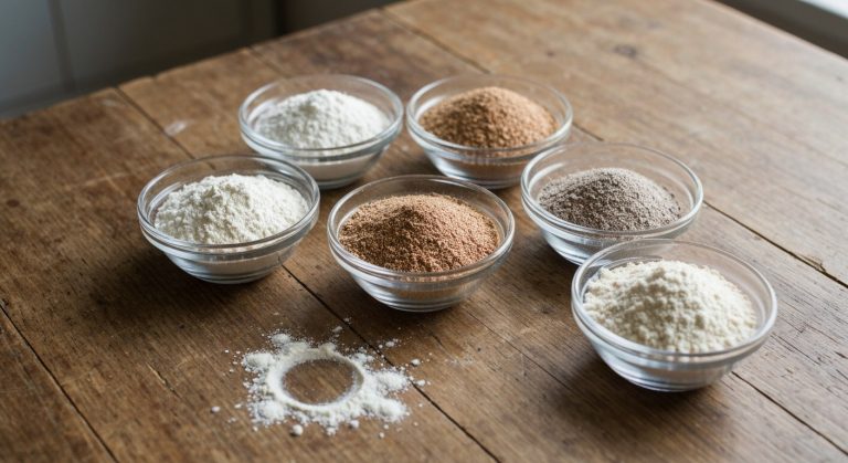 Pět skleněných misek s různými druhy mouky na dřevěném kuchyňském stole