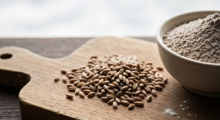 Žitná zrna a tmavá mouka na dřevěném prkénku