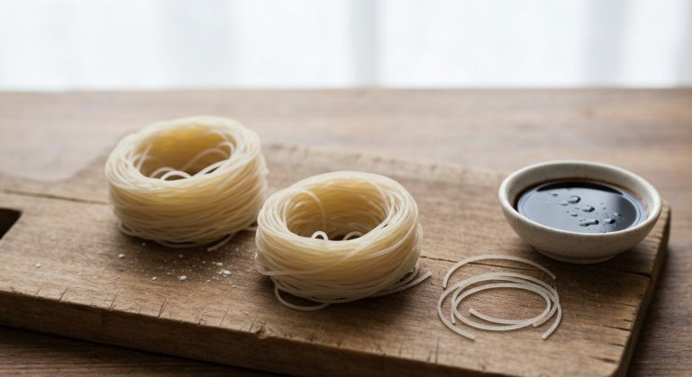 Sušené rýžové nudle na dřevěném prkénku s miskou sójové omáčky