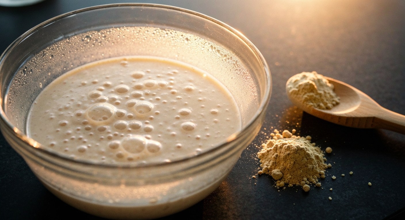 Aktivní rýžový kvas ve skleněné misce s bublinkami vedle konopného proteinu
