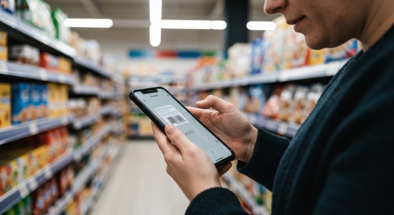 Žena skenuje čárový kód na krabici cereálií mobilem v supermarketu