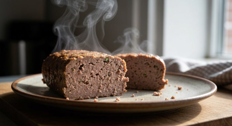 Řez bezlepkovou sekanou na keramickém talíři s viditelnou šťavnatou strukturou masa