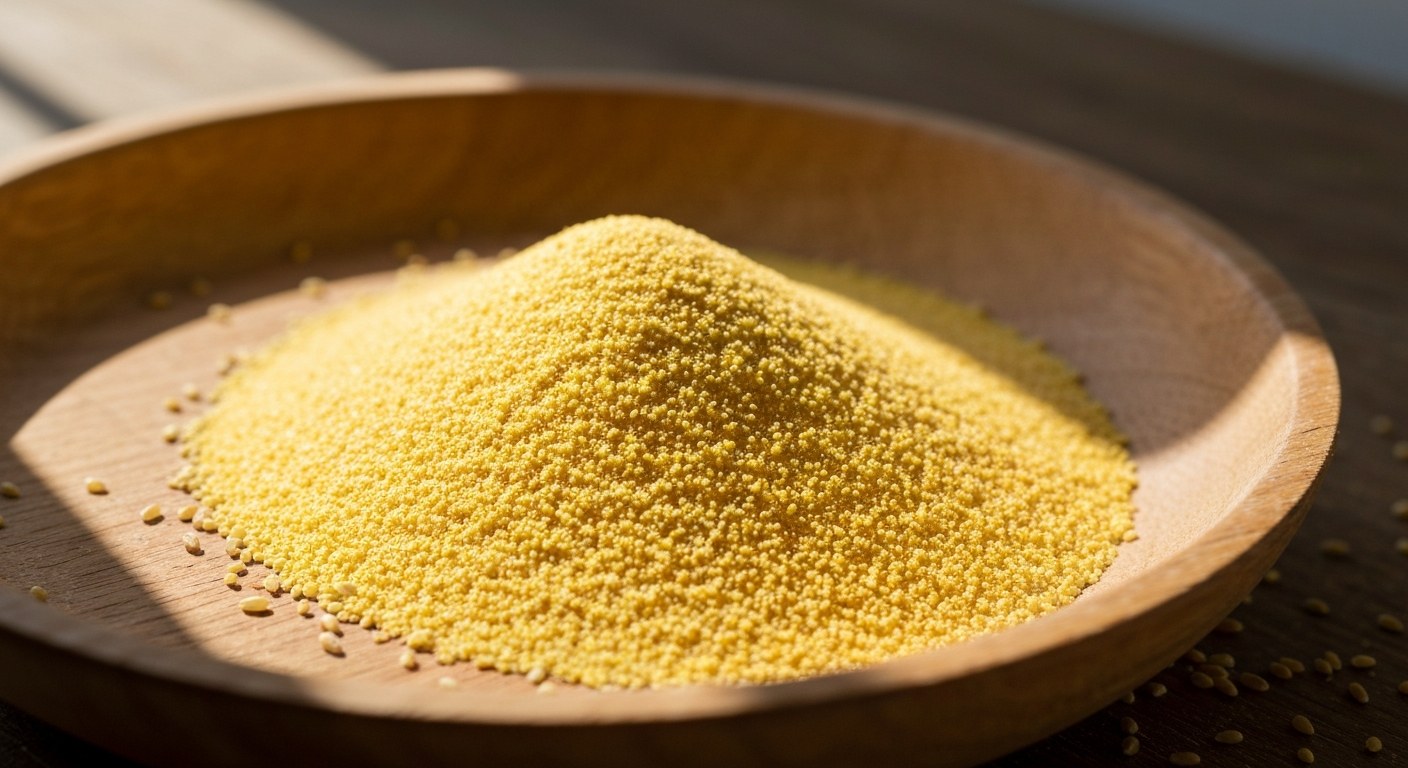 Zlatá krupicová mouka semolina v dřevěné misce na dubovém stole