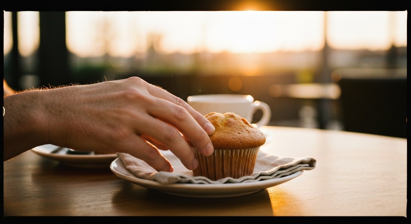 Ruka pokládá čerstvý bezlepkový muffin na bílý talíř se šálkem kávy