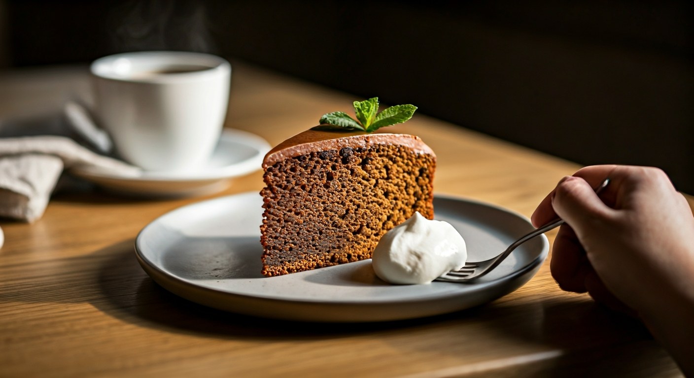 Plátek bezlepkového perníku se šlehačkou na keramickém talíři