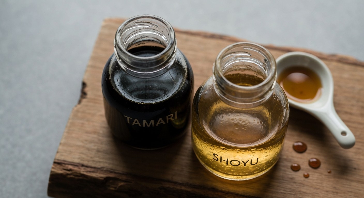 Dvě skleněné lahve sojové omáčky Shoyu a Tamari na dřevěném prkénku