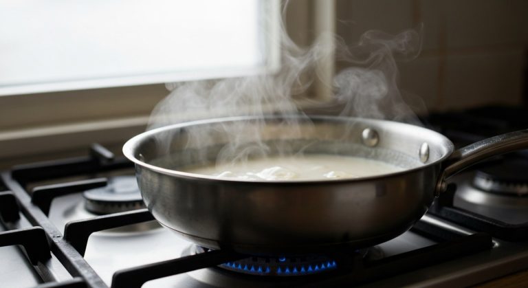 Hrnec se smetanou redukující se na sporáku, stoupající pára