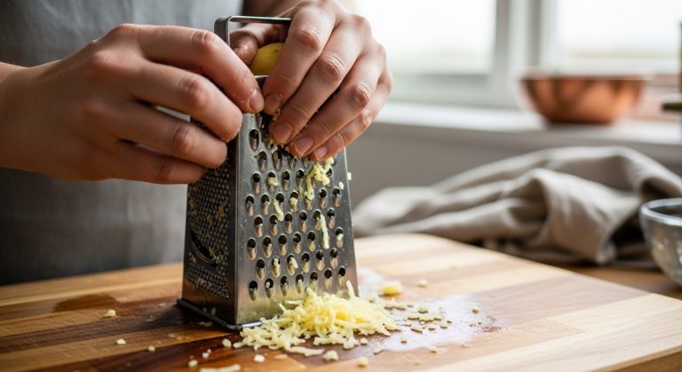 Detail rukou strouhajících vařené brambory na jemném struhadle