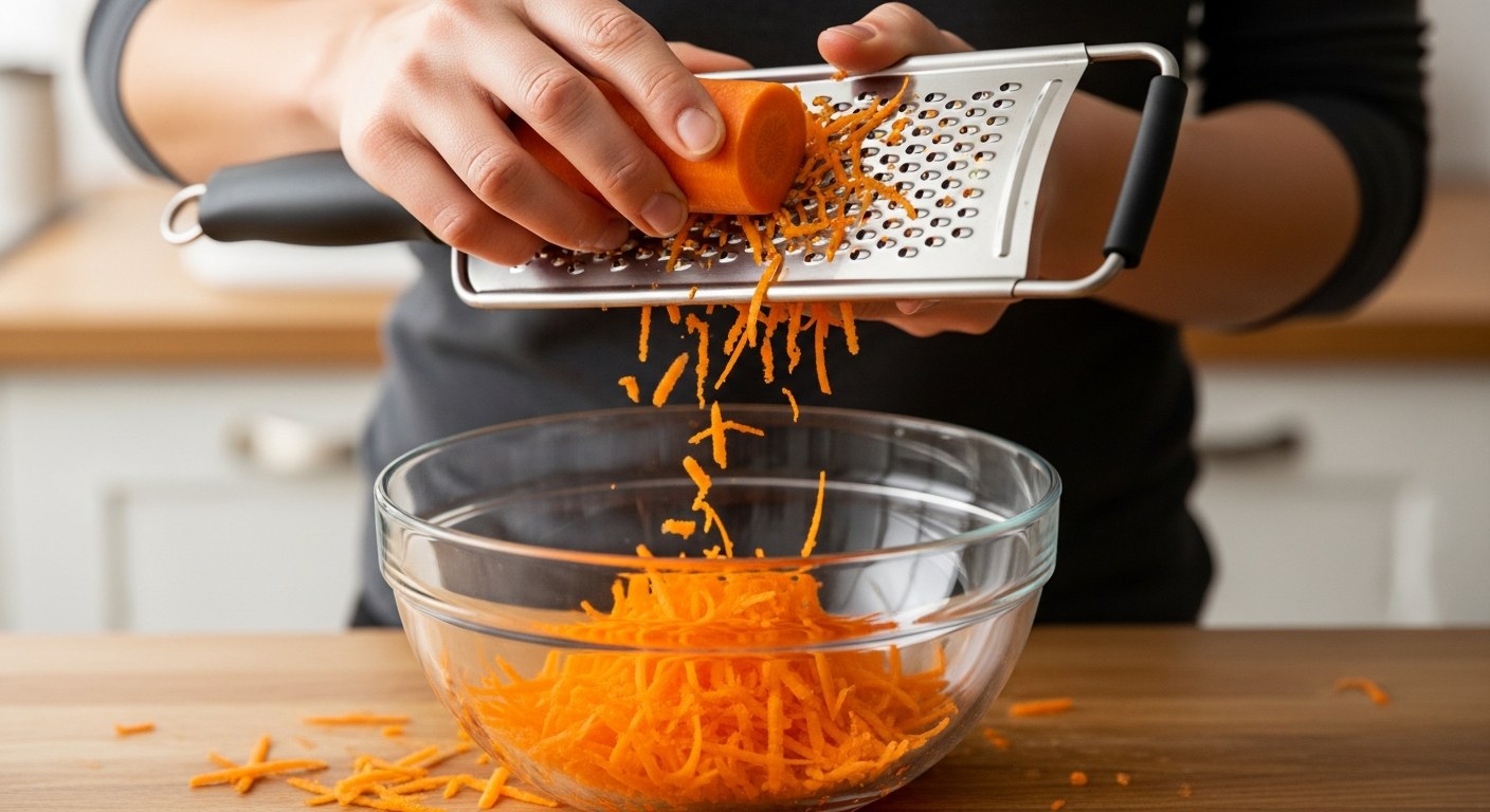 Ruce strouhají čerstvou mrkev najemno do skleněné mísy na přípravu těsta